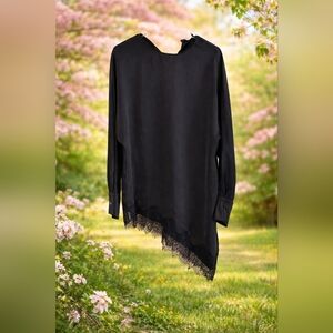 Silky Black Long-Sleeve Lace-Hem Blouse